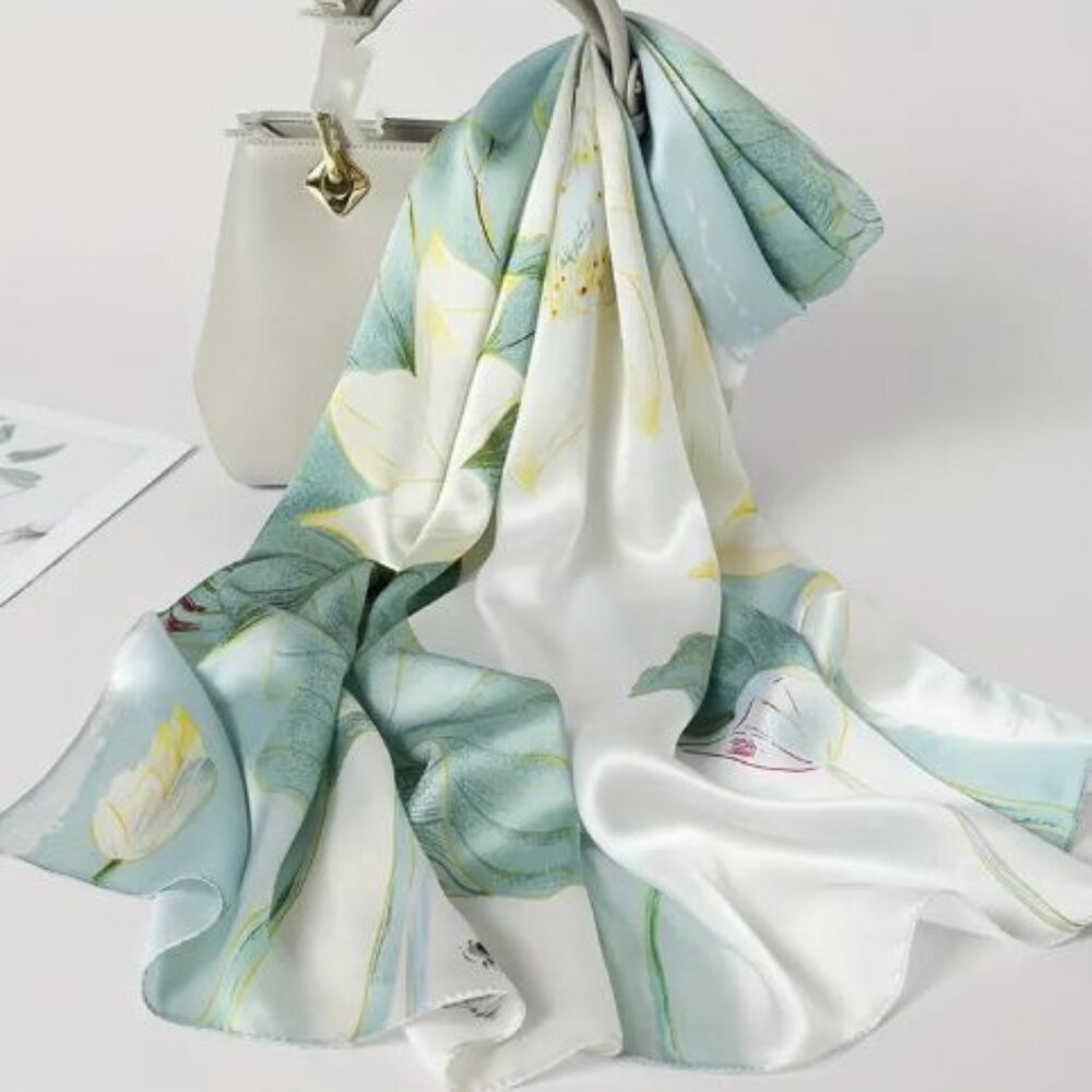 Oil Painting Scarf Green White Floral Square 27" New Beautiful